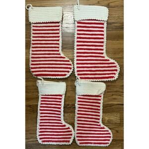 Handmade Christmas Stocking Lot of Four Red & White Stripe Varied Sizes Granny